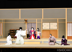 『寺子屋』左より、尾上菊之助、中村吉右衛門、中村福助、尾上丑之助、松本幸四郎、中村児太郎 歌舞伎座「秀山祭九月大歌舞伎」初日開幕