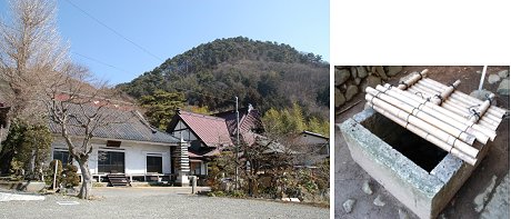 左：積翠寺と要害山、右：信玄公産湯の井戸