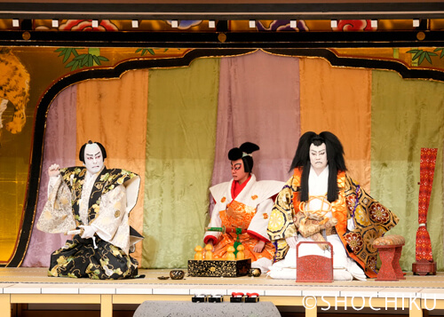 『祇園祭礼信仰記』左より、片岡愛之助、尾上左近、尾上松緑 歌舞伎座「團菊祭五月大歌舞伎」初日開幕