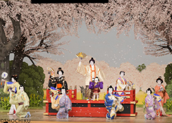 『祝春元禄花見踊』左より、中村歌之助、中村七之助、中村福之助、中村獅童、小川陽喜、中村橋之助、中村勘九郎、中村虎之介 歌舞伎座「壽 初春大歌舞伎」初日開幕