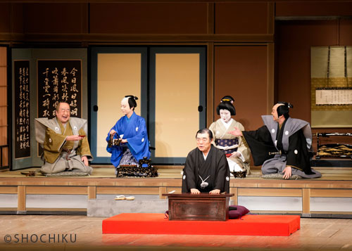 『無筆の出世』前列:神田松鯉/後列左より、中村鴈治郎、尾上左近、坂東玉朗、尾上松緑 歌舞伎座「四月大歌舞伎」初日開幕