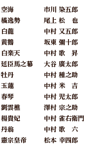 空海 市川 染五郎　橘逸勢 尾上 松　也　白龍 中村 又五郎　黄鶴	坂東 彌十郎　白楽天 中村 歌　昇　廷臣馬之幕	大谷 廣太郎　牡丹 中村 種之助　玉蓮	中村 米　吉　春琴 中村 児太郎　劉雲樵 澤村 宗之助　楊貴妃 中村 雀右衛門　丹翁 中村 歌　六　憲宗皇帝 松本 幸四郎